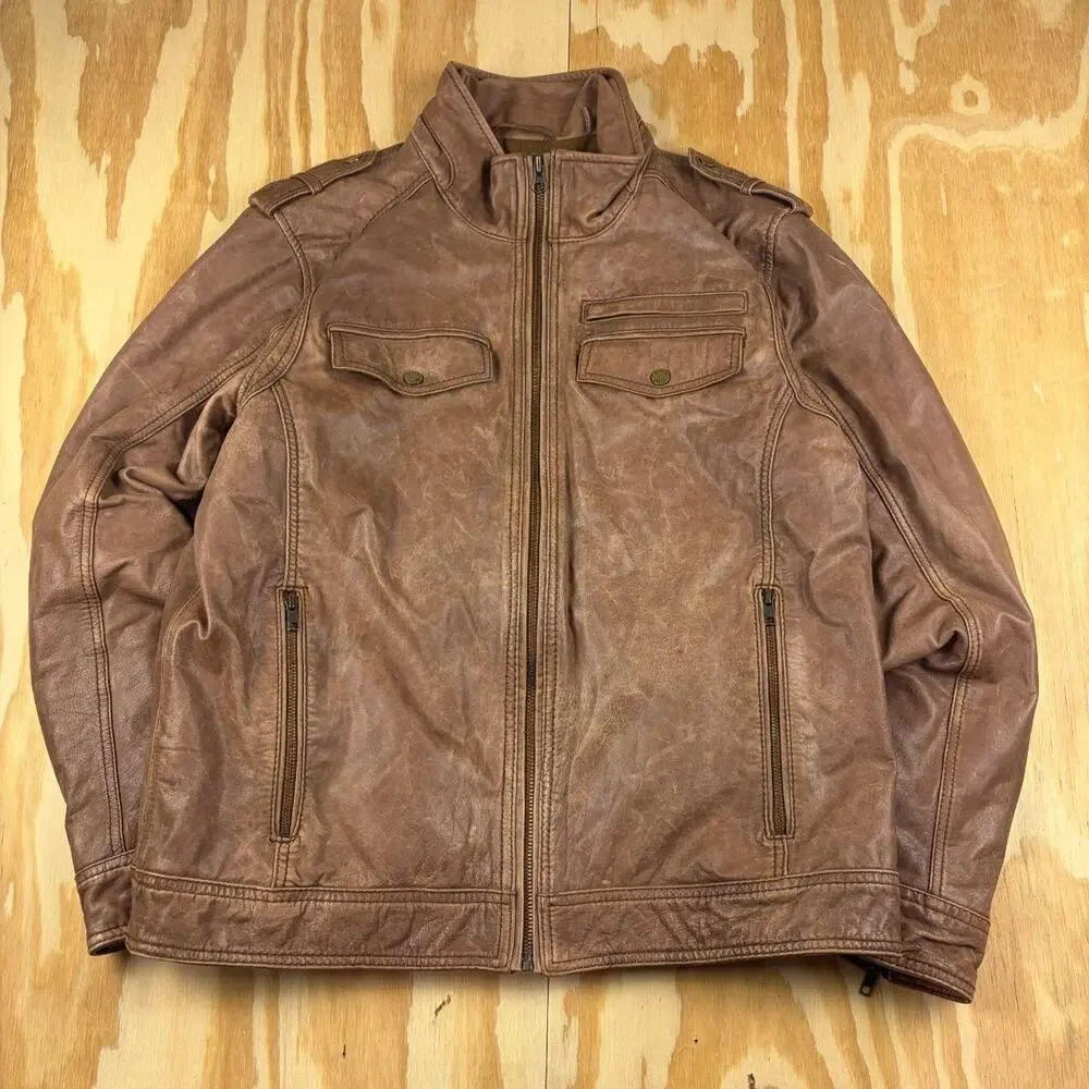 Vintage Black Rivet Distressed Leather Moto Jacket – Brown – Men’s XL